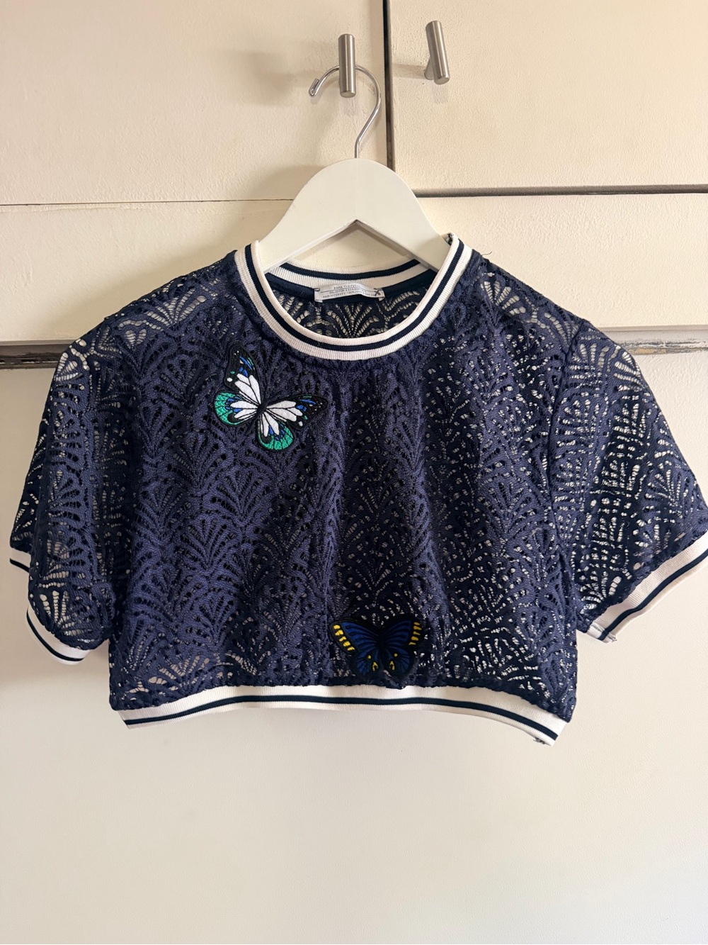 Zara Navy Lace Butterfly Cropped Top Size S